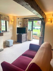 a living room with a purple couch and a tv at The Coach House in Henley on Thames