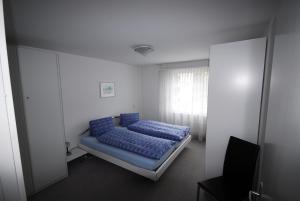 a bed with blue pillows in a white room at Ravaisch 22 in Davos