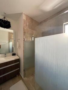 ein Badezimmer mit Dusche, Waschbecken und Spiegel in der Unterkunft Estudio VERANTO in Playa del Carmen