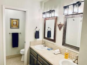 a bathroom with a sink and a toilet and a mirror at Creature Comforts Suite-Private Hot Tub-Sleeps 2 in Ahwahnee