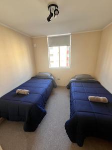 - 2 lits dans une chambre avec des draps bleus et une fenêtre dans l'établissement Departamento en Villarrica, à Villarrica