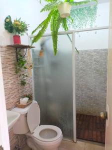a bathroom with a toilet and a shower at House of Bela in Iloilo City +38 photos