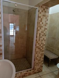 a shower in a bathroom with a toilet and a sink at Chameleon in Kirkwood +10 photos