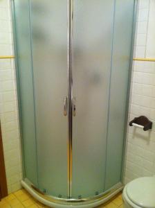 a shower stall in a bathroom with a toilet at Torre Dell'orologio Apartment in Sestriere