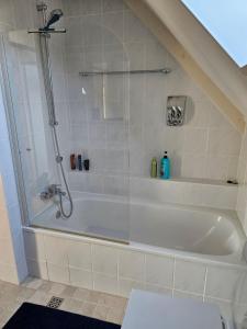 a bath tub with a shower in a bathroom at Lemmer House - Luxe familiehuis aan het water in Lemmer +24 photos