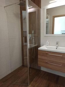 ein Badezimmer mit Dusche und Waschbecken in der Unterkunft Apartament 24 Gdynia Zachód in Wiczlino + 23 Fotos