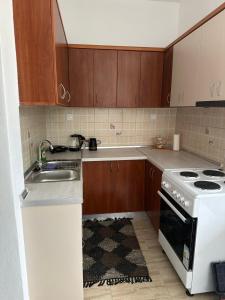 Η κουζίνα ή μικρή κουζίνα στο Bakopoulos resort Ένα όμορφο διαμέρισμα με βεράντα