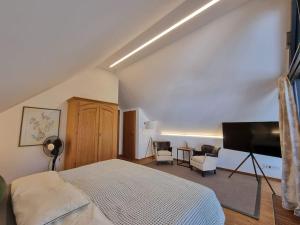 ein Schlafzimmer mit einem Bett und einem Flachbildfernseher in der Unterkunft Weiherhof Cottage in Radolfzell am Bodensee