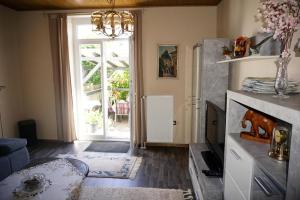 a living room with a fireplace and a glass door at Ferienwohnung Siglinde in Simmern