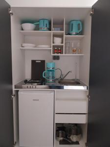 Una pequeña cocina con fregadero y estufa. en Flora Comfort Inn, en Oberhausen 10 fotos más