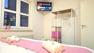 Camera con letto, lenzuola rosa e TV di HAPPY HOMES PINK - Up to 5 - Küche - W-LAN - Netflix - Honig - Badewanne a Nidda