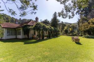a person sitting on a bench in the yard of a house at Craigbank Nuwaraeliya in Nuwara Eliya