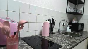 Kuchyň nebo kuchyňský kout v ubytování HAPPY HOMES PINK - Up to 4 - Küche - W-LAN - Netflix - Disney - Honig - Badewanne