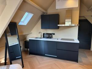 a kitchen with black cabinets and a counter top at Breda City Apartments in Breda +7 photos