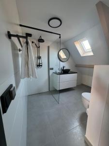 a bathroom with a toilet and a glass shower stall at Breda City Apartments in Breda
