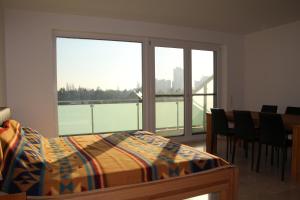 ウィーンにあるDanube Apartment with City Viewのベッドルーム1室(ベッド1台、大きな窓2つ付)