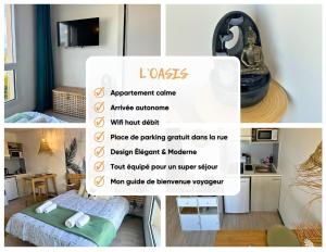 a collage of four pictures of a room with a bed at Oasis - Wifi, Clim, Vue, Équipé in Lourdes