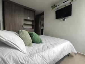 a bedroom with a bed with pillows and a flat screen tv at Apartamento frente a la montaña en Armenia Quindio - 1 Dormitorio Piso 11 in Armenia