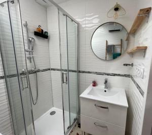 a bathroom with a shower and a sink and a mirror at Maisonnette à Arago in Les Sables-d'Olonne