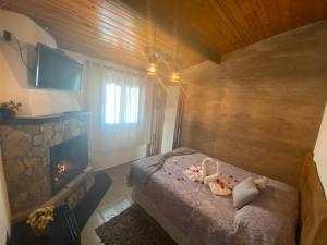 a bedroom with a bed with a fireplace and a television at Pousada Aconchego in Monte Verde