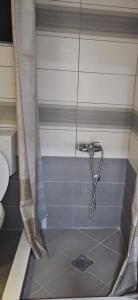 a shower in a bathroom with a shower curtain at Cozy Modern Apartment in Gevgelija