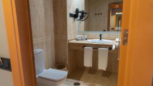 a bathroom with a toilet and a sink and a mirror at Coral Cotillo Beach in El Cotillo