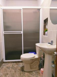 um banheiro com chuveiro, vaso sanitário e pia em Apartamento Capri 1 em Puerto Triunfo