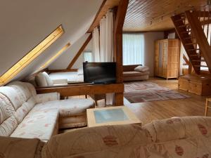 a living room with a couch and a tv at Ferienhof Schmetterlingsgarten in Jakobshagen