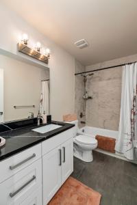 Un baño con lavabo, inodoro y ducha. en Serene 1 Bdrm, 1 Bath Apartment, en Seattle