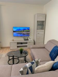 a living room with a couch and a flat screen tv at Apartamenty Olszynka in Górki Wielkie