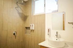 克雷塔罗Modern Apt with Workspace in Central Queretaro的带水槽和淋浴的浴室 更多22张照片