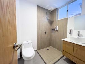 een badkamer met toilet, douche en wastafel bij Modern Apt with Workspace in Central Queretaro in Querétaro