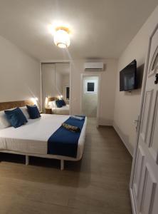 a bedroom with a bed with blue pillows and a television at Remanso de Paz cerca de Sevilla DreamerTu in Palomares del Río +45 photos