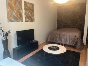 a room with a bed and a table and a tv at Huoneisto kaupungissa Joensuu in Joensuu