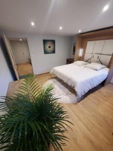 a bedroom with a bed and a plant in it at Sur le chemin du Cens in Orvault