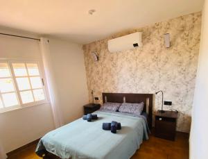 une chambre avec un lit avec des oreillers bleus dessus dans l'établissement Casa Cesar, à Puntagorda 24 autres photos