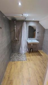 a bathroom with a sink and a shower at Relaksatorium Sfera Beskidu in Sękowa +60 photos