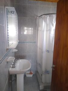 Un baño con lavabo y cortina de ducha. en Dulce Hogar, en Mendoza 12 fotos más