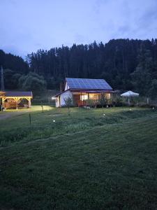 a house with a solar roof on a field at Cabana Săcuieu Vlădeasa in Săcuieu