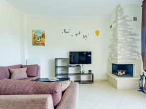 a living room with a couch and a fireplace at Holiday home with panoramic view of the forest in Polykhrono