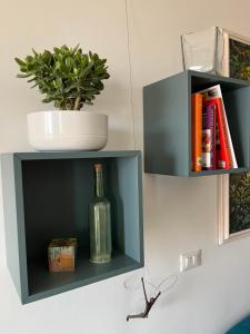 a shelf with a bottle and a plant on a wall at Marconi Skyline in Bologna +23 photos