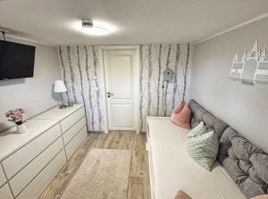 ein Wohnzimmer mit Sofa und Fernseher in der Unterkunft Ferienhaus Büdnerstube gratis Schwimmbadnutzung im AHOI Sellin in Middelhagen + 19 Fotos