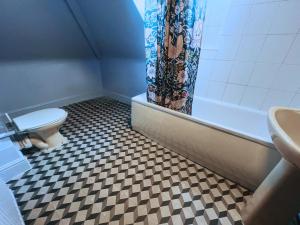 a bathroom with a toilet and a shower curtain at Helen's Hotel near Wembley in London