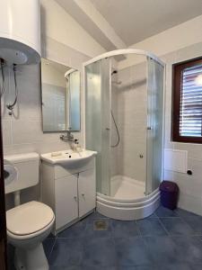 a bathroom with a shower and a toilet and a sink at Apartments by the sea Prizba, Korcula - 23527 in Blato