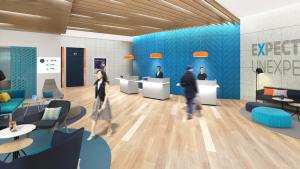 a rendering of an office lobby with people walking around at Holiday Inn Express Xi'an Daxing by IHG in Xi'an