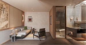 a living room with a couch and a bathroom at Happy Dragon Courtyard Hotel Beijing Forbidden City Lama Temple in Beijing