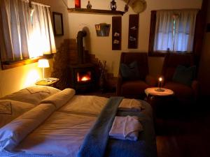 a bedroom with a bed and a fireplace in a room at Domek przy Azylu Bocianim in Hutna Wieś