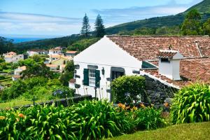 a white house with green shutters in a village at Casas do Capelo in Varadouro