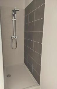 a bathroom with a shower with a shower head at Appartement Jarnioux - Les Meublés des Pierres Dorées in Theizé +28 photos