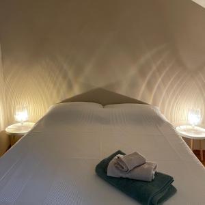 a bed with two towels on it with two lamps at La casetta sui tetti in Alba